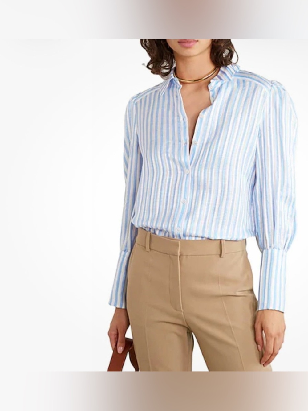Veronica Beard Silk and Linen Ally Blue and White Stripe Button-Down Shirt